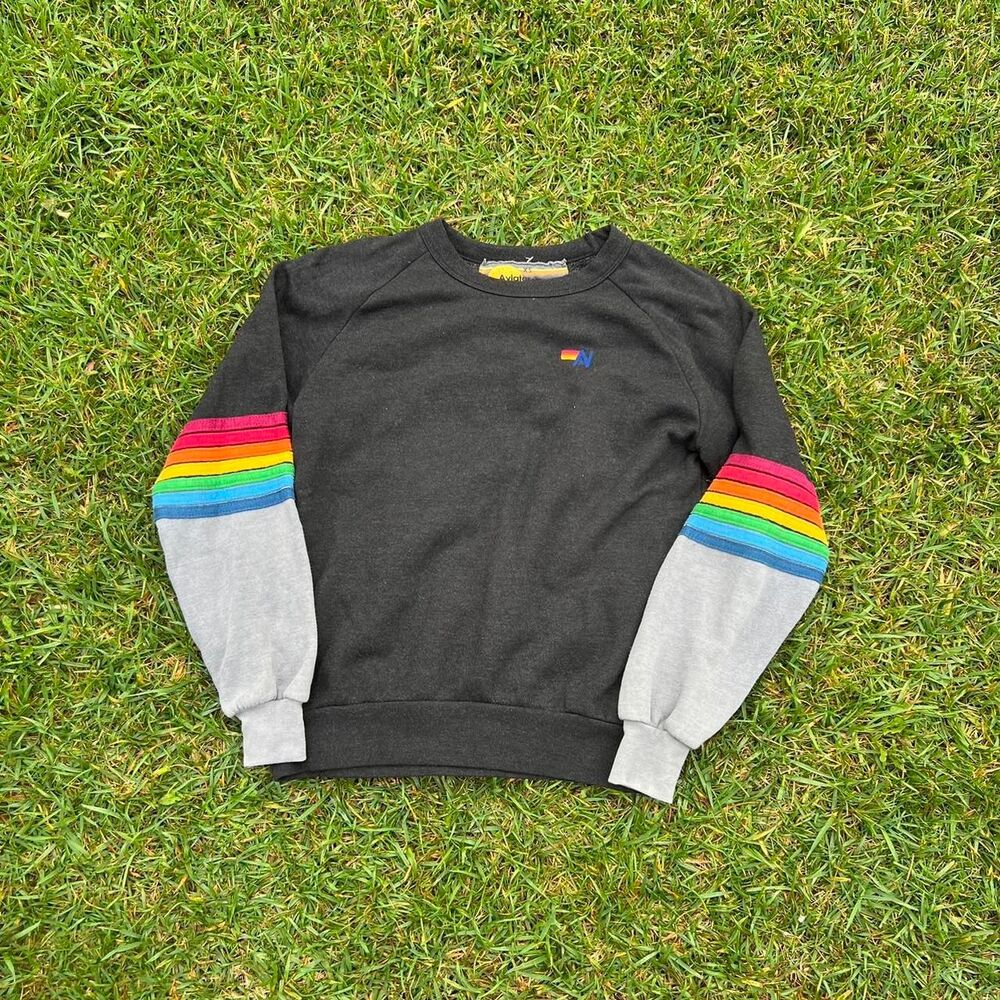 Aviator Nation 2 tone 7 stripe rainbow sleeve sweater crewneck unisex size xs